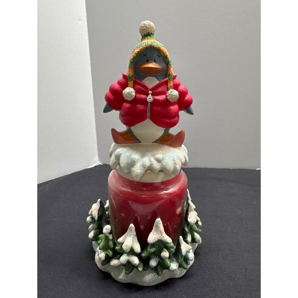 Penguin Figurine Winter Candle Holder With Red Jar & Snowy Evergreen Base